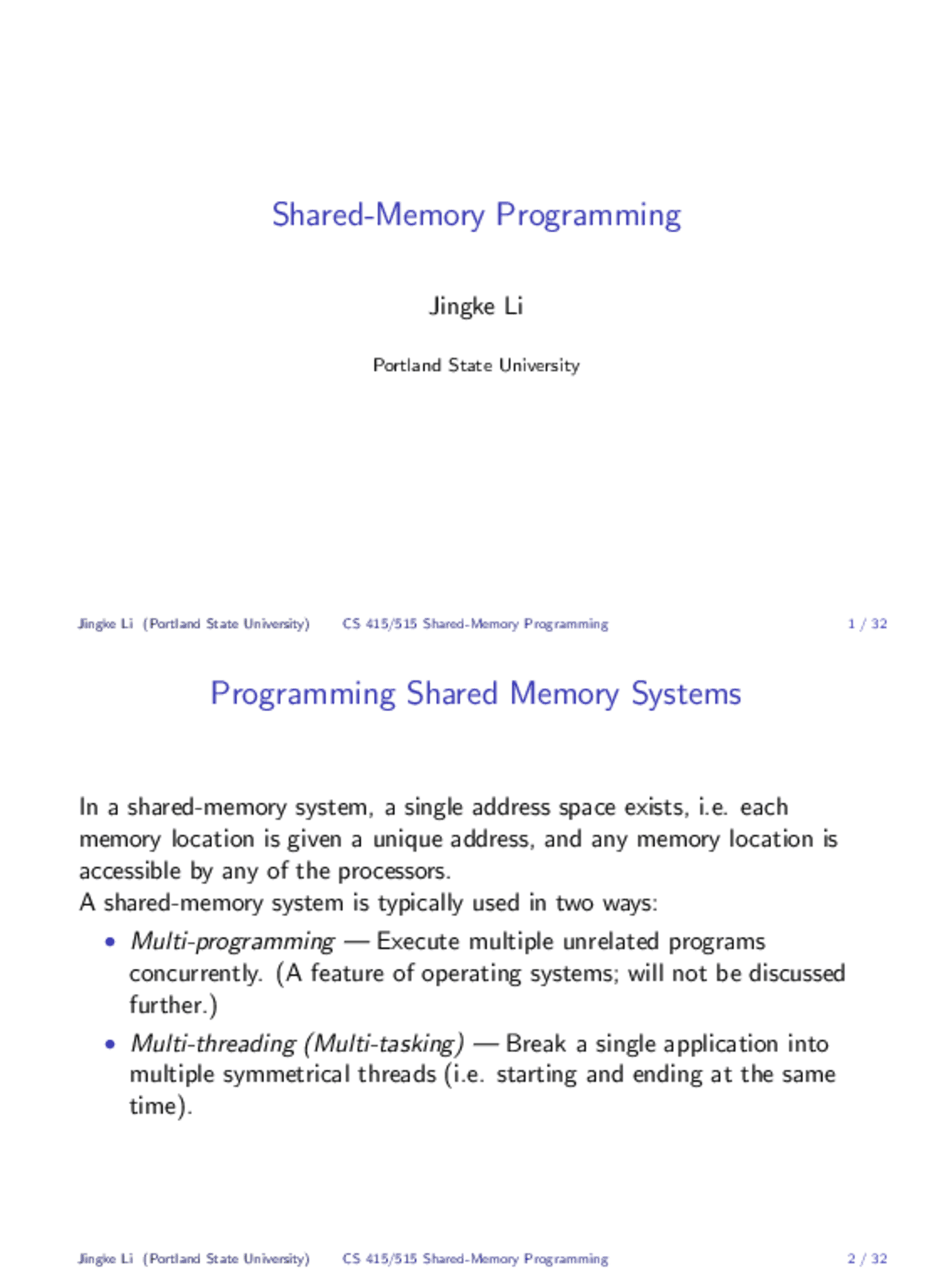 Notes on Shared Memory Programming | CS 415 - Docsity