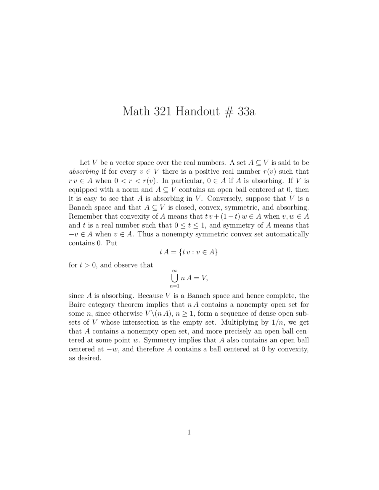 Handout 33A for Introduction to Analysis I | MATH 321 - Docsity