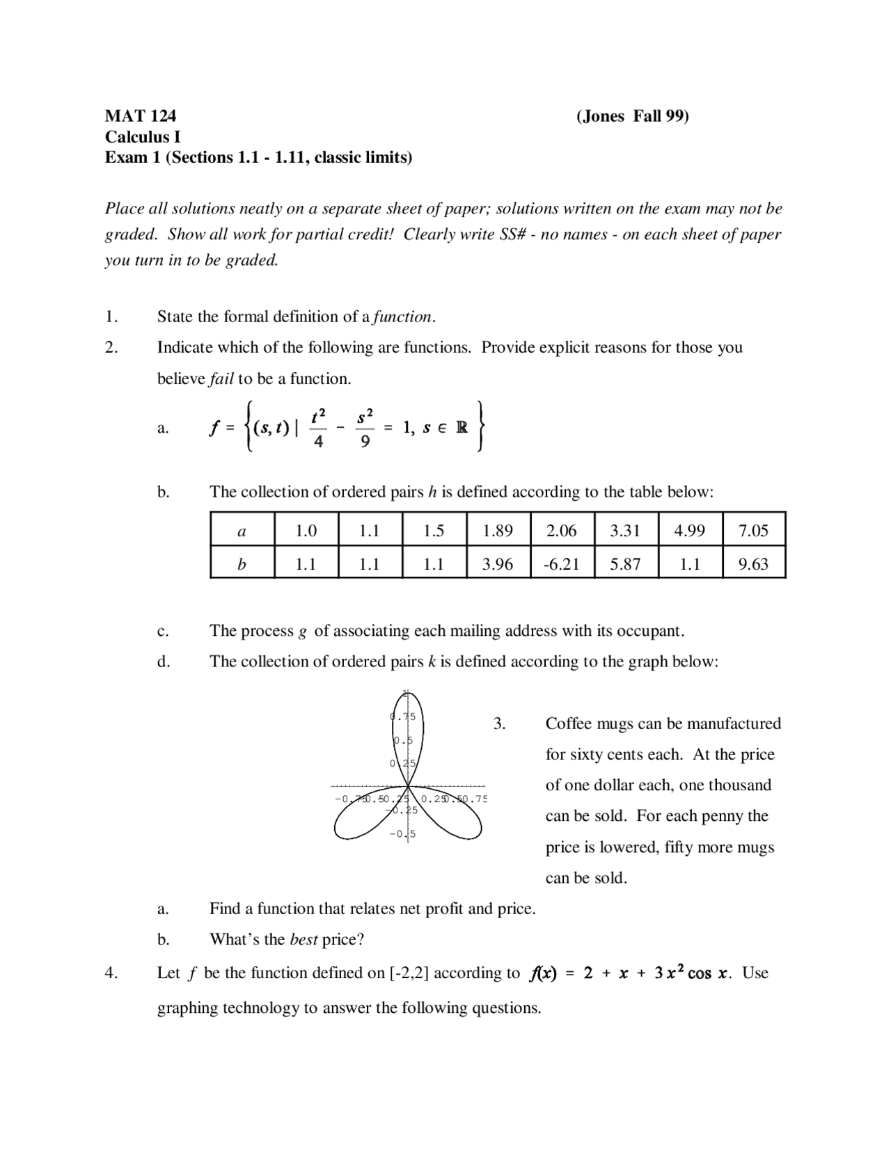 Practice Exam 1 with 9 Questions - Calculus I | MAT 124 - Docsity