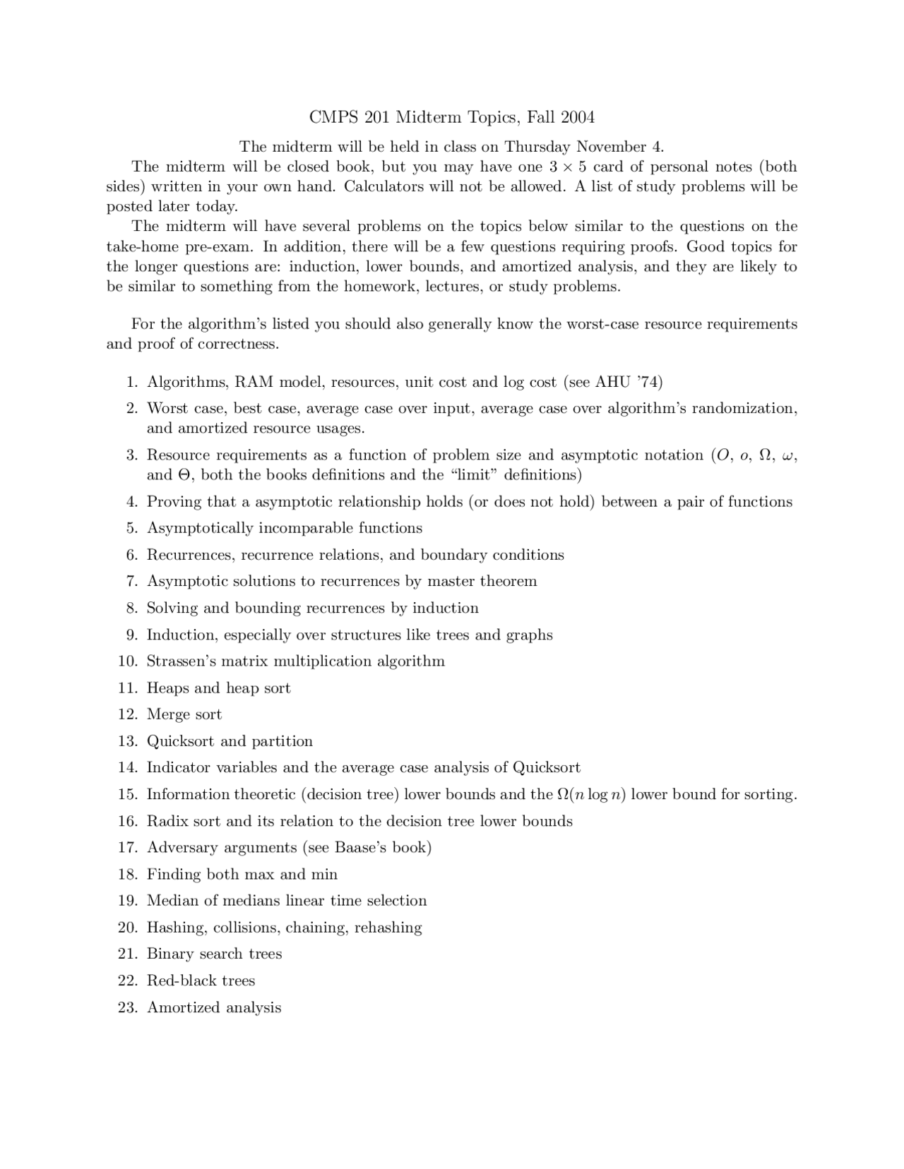 CMPS 201 Midterm Exam Topics, Fall 2004 | Exams Algorithms and ...
