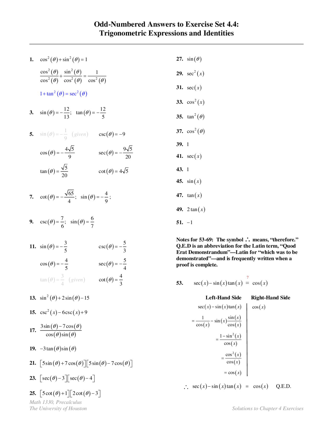 Odd Numbered Answer - Trigonometric Expressions and Identities | MATH ...
