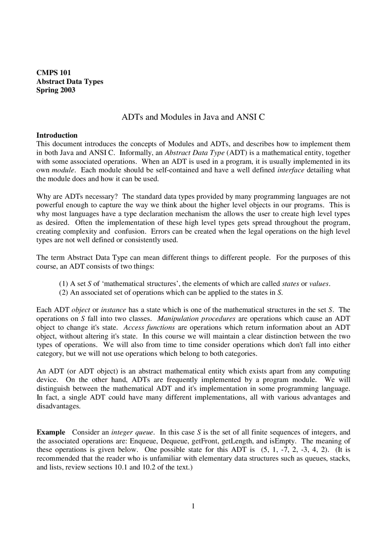 ADTs and Modules in Java and ANSI C - Abstract Data Types | CMPS 101 ...