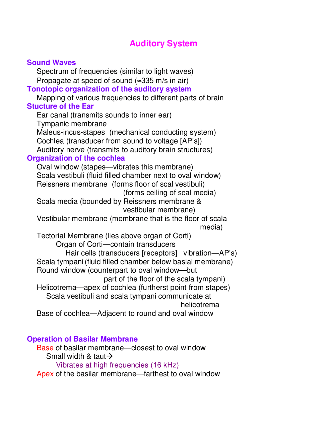 Lecture Notes on Auditory System - Human Physiology | BIOS 355 - Docsity