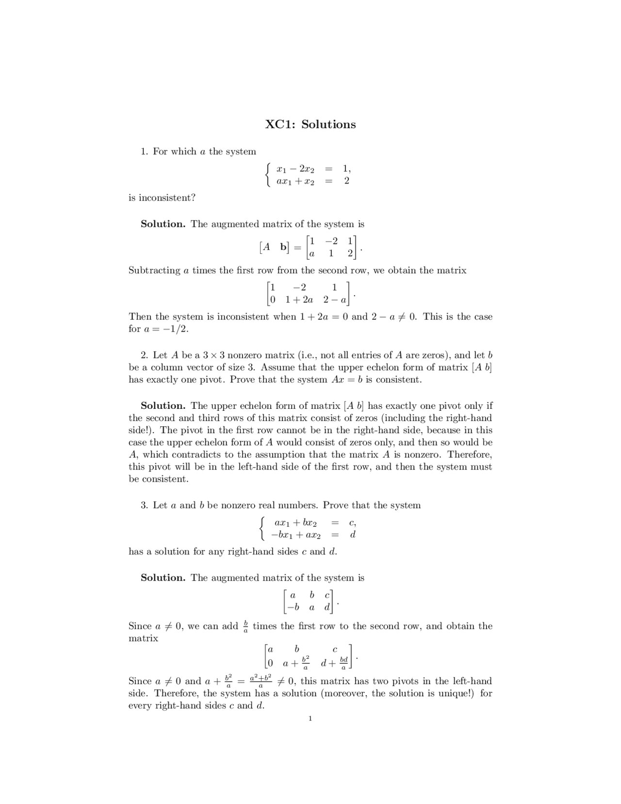 Linear Algebra - Homework 1 Solutions | MATH 201 - Docsity