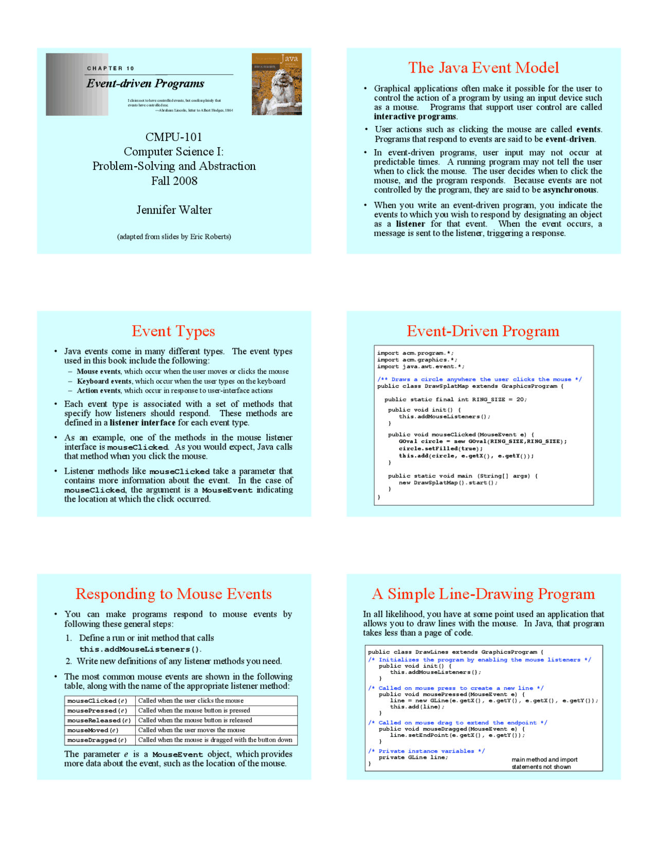 The Java Event Model - Lecture Slides | CMPU 101 - Docsity