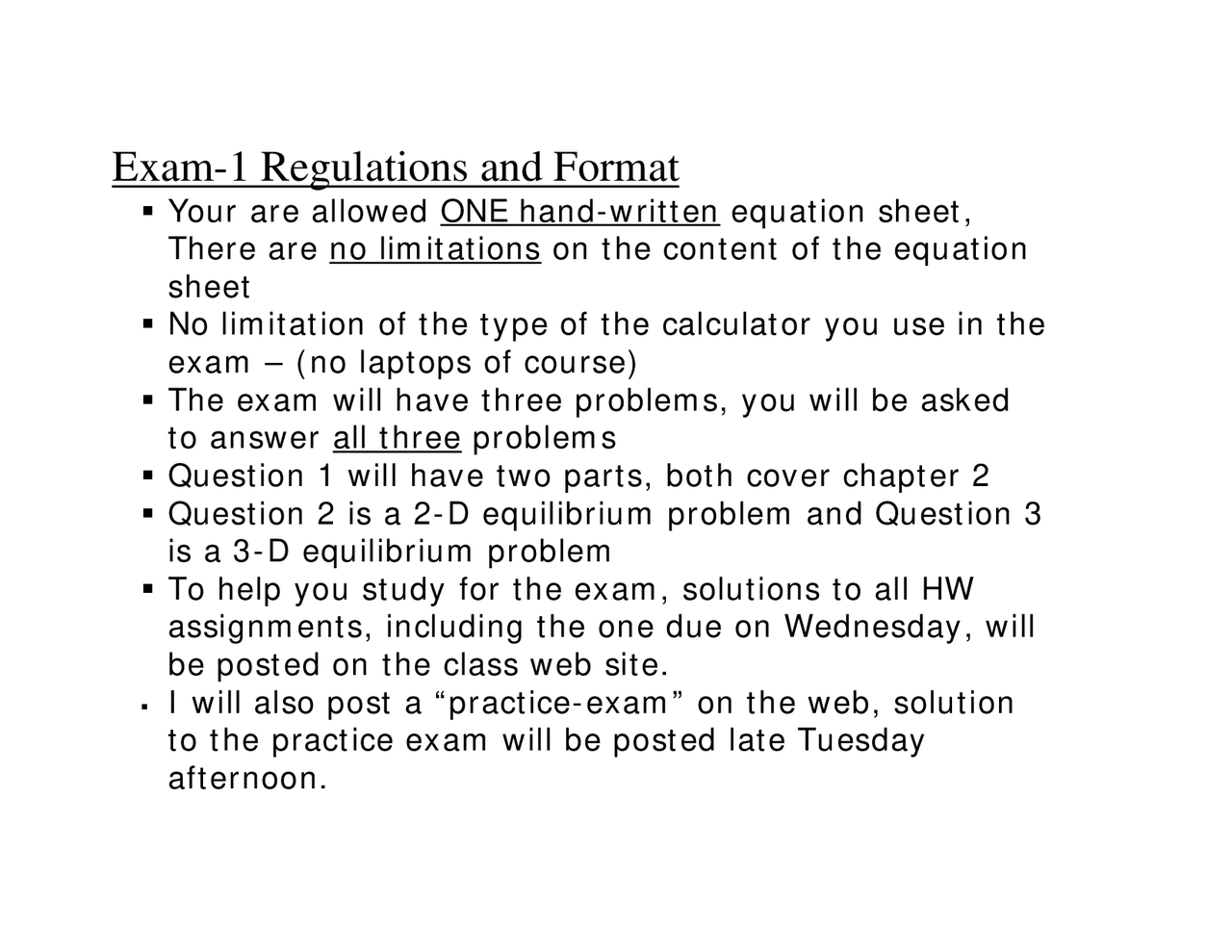 Exam Regulation Exam 1 - Regulations and Format - Engineering Statics | ENGR 210 - Docsity
