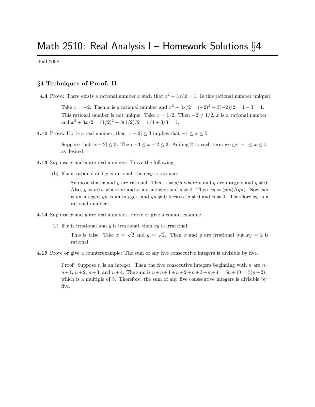 Problems On The Proof Techniques Ll Homework Math 2510 Docsity