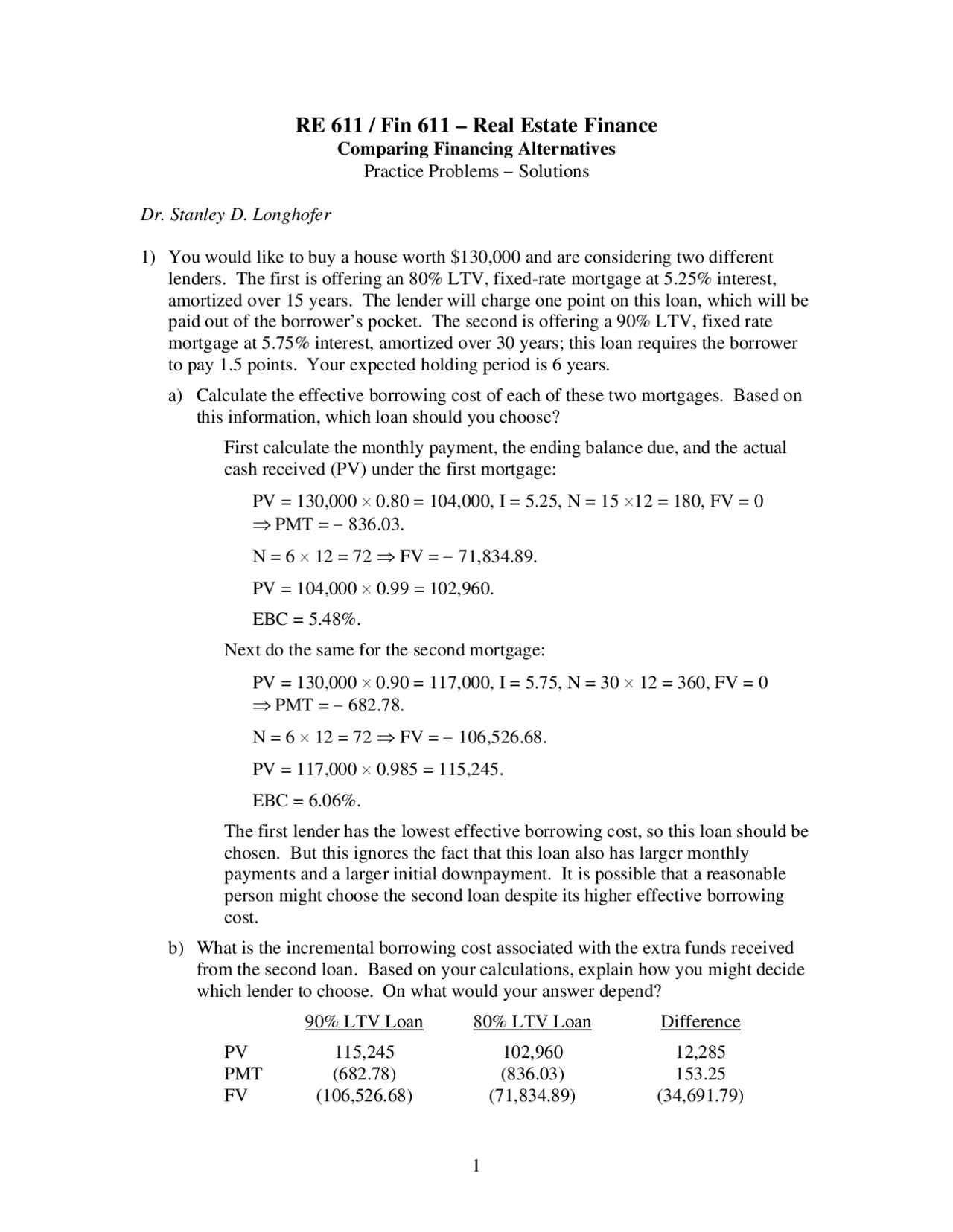 Practice Problems on Comparing Financing Alternatives | RE 611 - Docsity