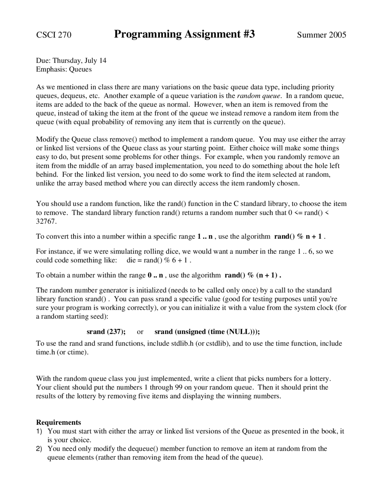 Programming Assignment 3 for Data Structures | CSCI 270 - Docsity