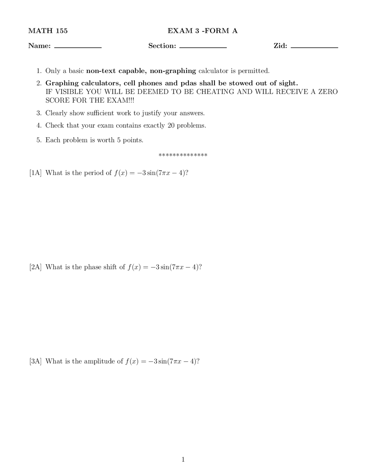 Unsolved Exam 3 Form A - Trigonometry and Elementary Functions | MATH ...