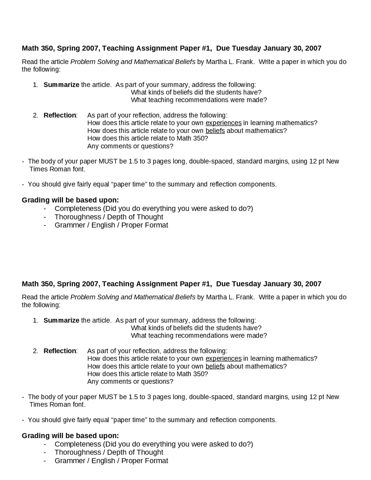 Teaching Assignment Paper 1 for Topics in Math Elementary Teachers I ...