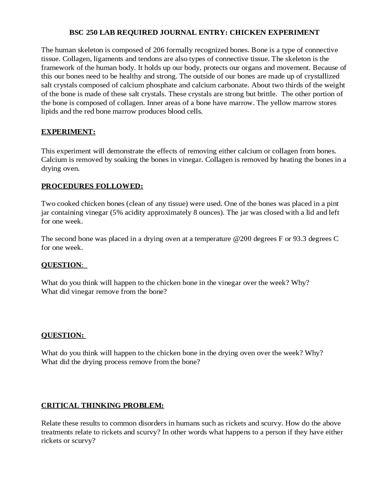 Lab Required Journal Entry Chicken Experiment Bsc 250 Docsity