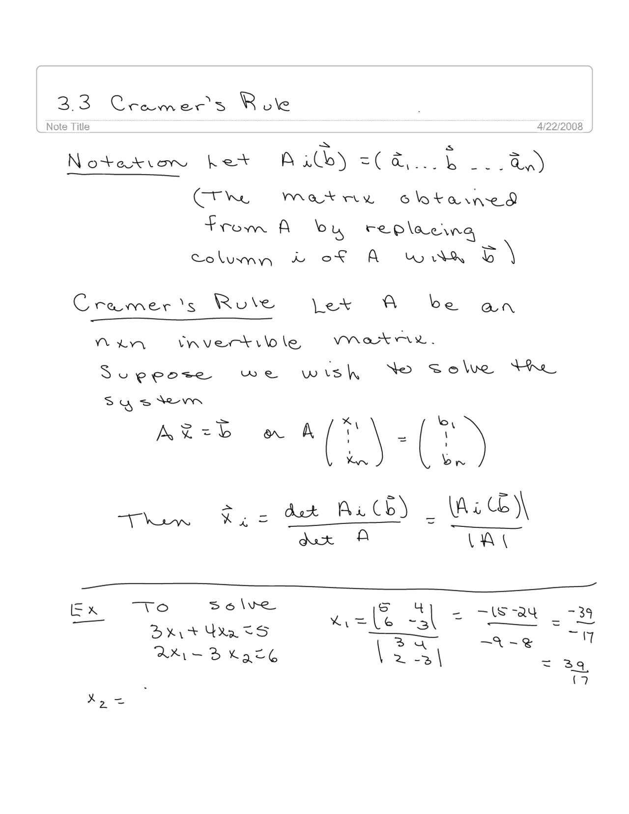 Cramer's Rule Handwritten Notes Discrete Mathematics MATH 221