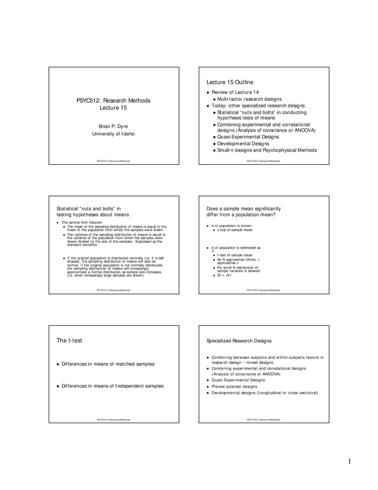 Lecture Slides for t-Test - Research Methods | PSYC 512 | Study notes  Psychology | Docsity