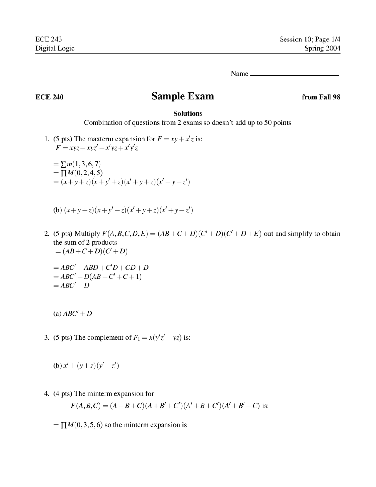 Final Exam With Solutions Digital Logic Ece 240 Docsity