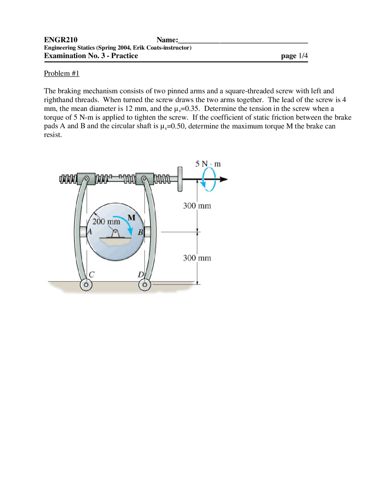 4 Problems for Final Exam - Engineering Statics | ENGR 210 - Docsity