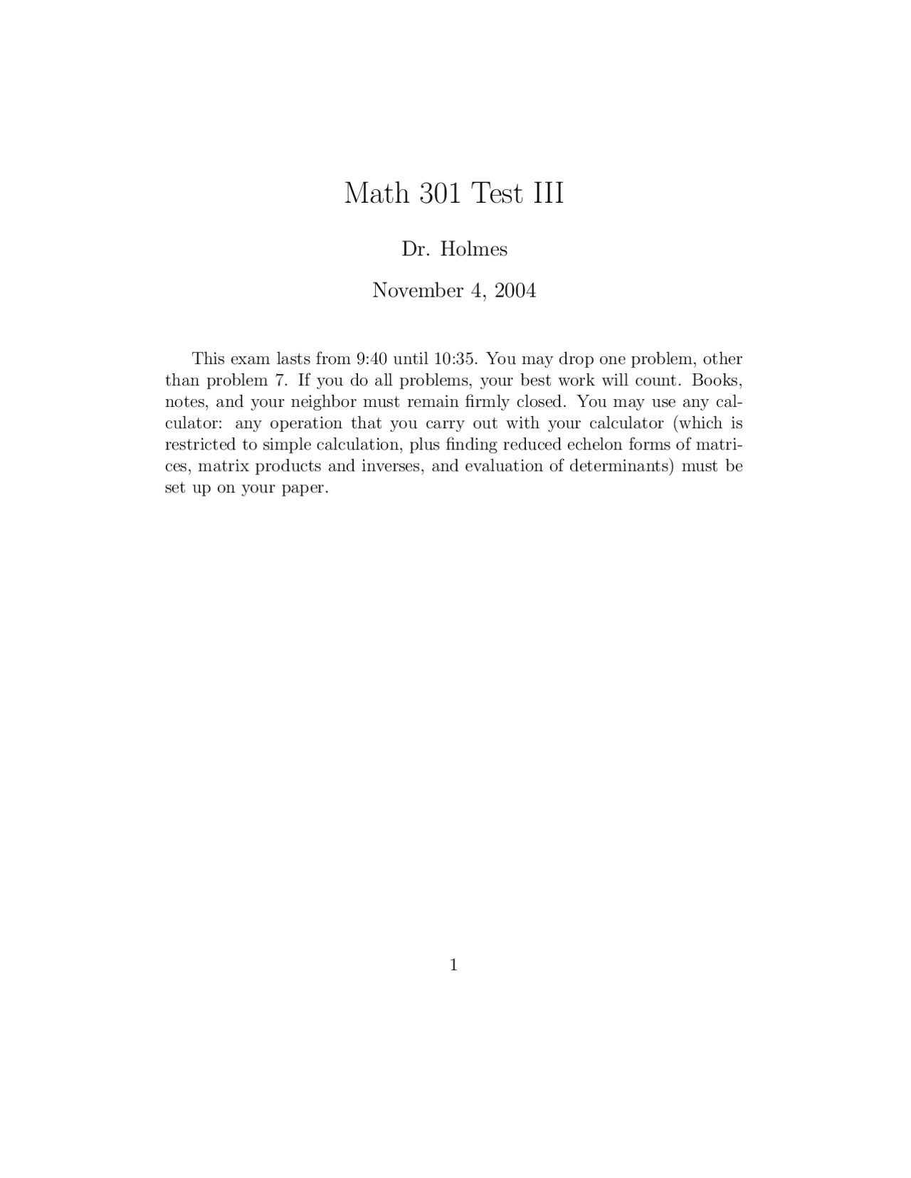 Introduction to Linear Algebra - Old Exam 2004 | MATH 301 - Docsity