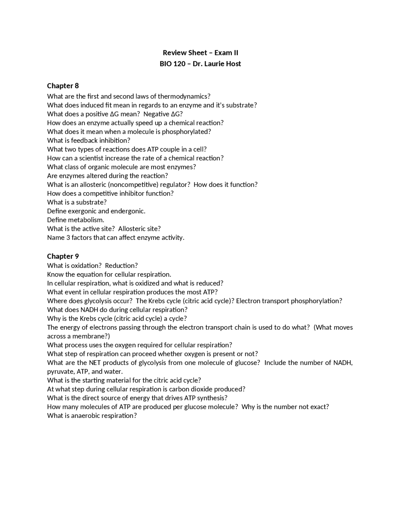 Exam II Review Sheet for General Biology I | BIO 120 - Docsity
