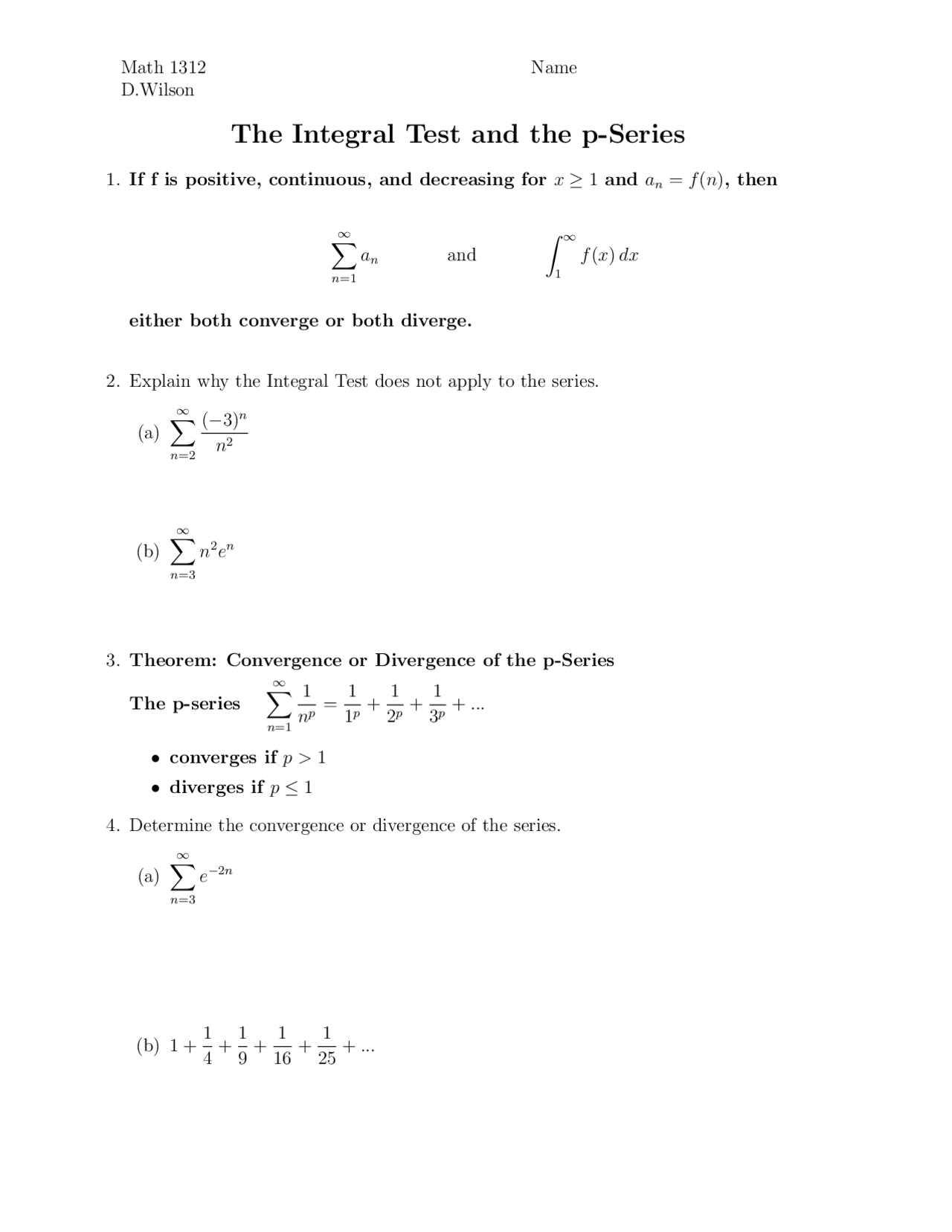 Integral Test Calc 2 Examples Exam for Integral Test and P-series - Calculus II | MATH 1312 - Docsity