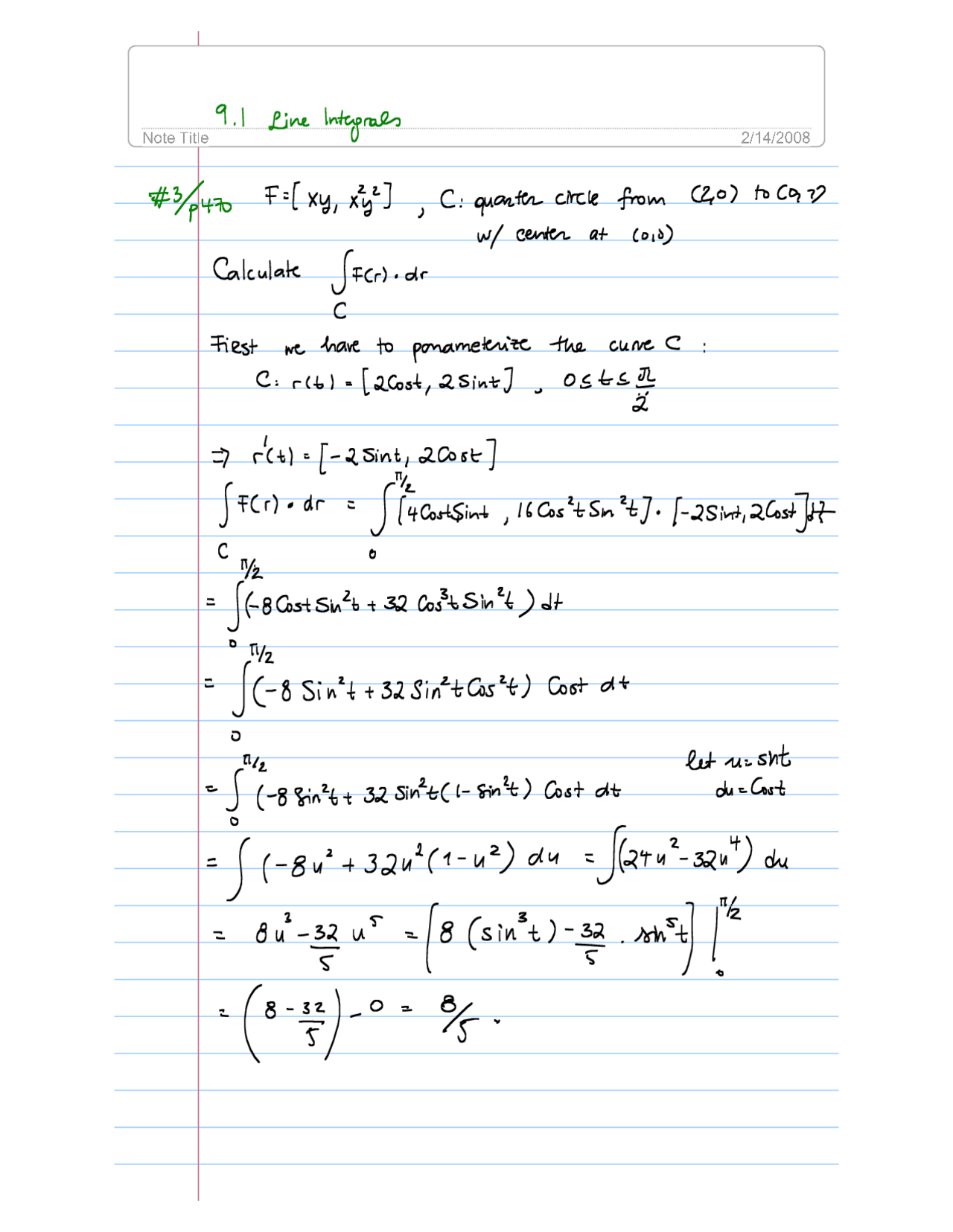 Handwritten Notes on Line Integrals - 4 Questions with Solutions | MATH ...
