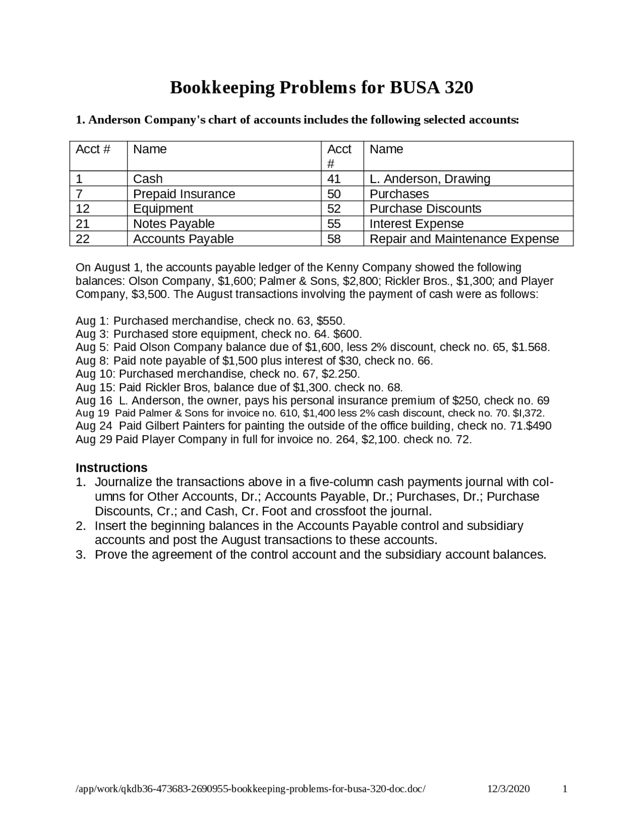 Sample Bookkeeping Problems Bookkeeping Problems - Accounting Information Systems | BUSA 320 - Docsity
