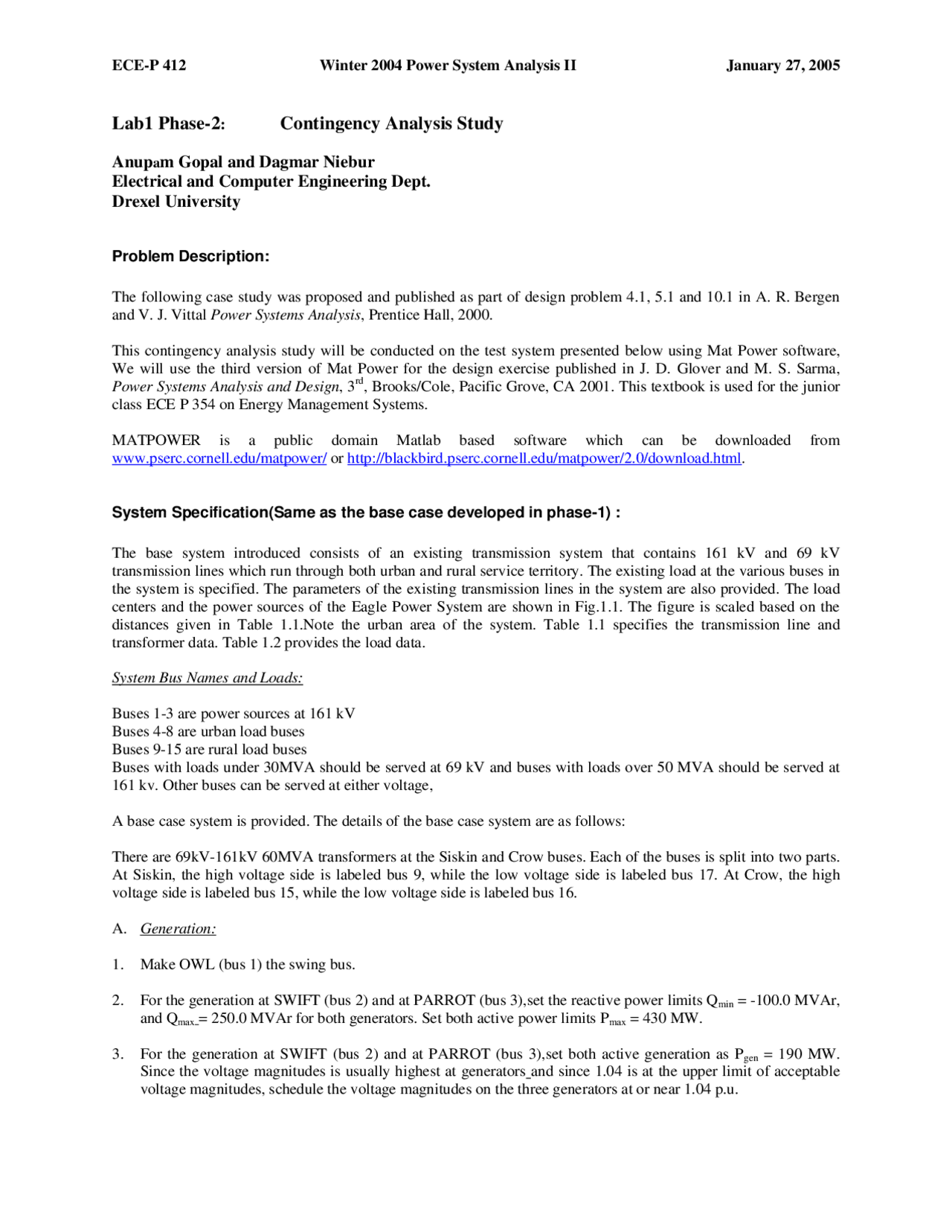 Contingency Analysis Study - Laboratory 1 Phase II | ECEP 412 - Docsity
