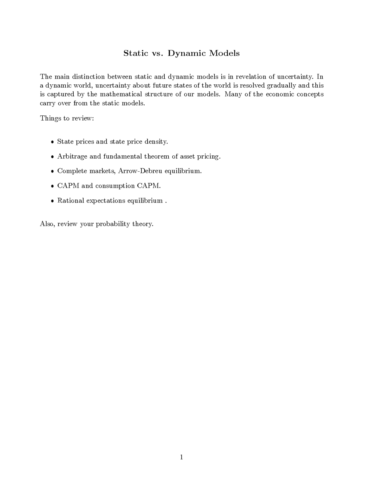 Static vs Dynamic Models - Selected Topics in Finance | FINA 8397 - Docsity