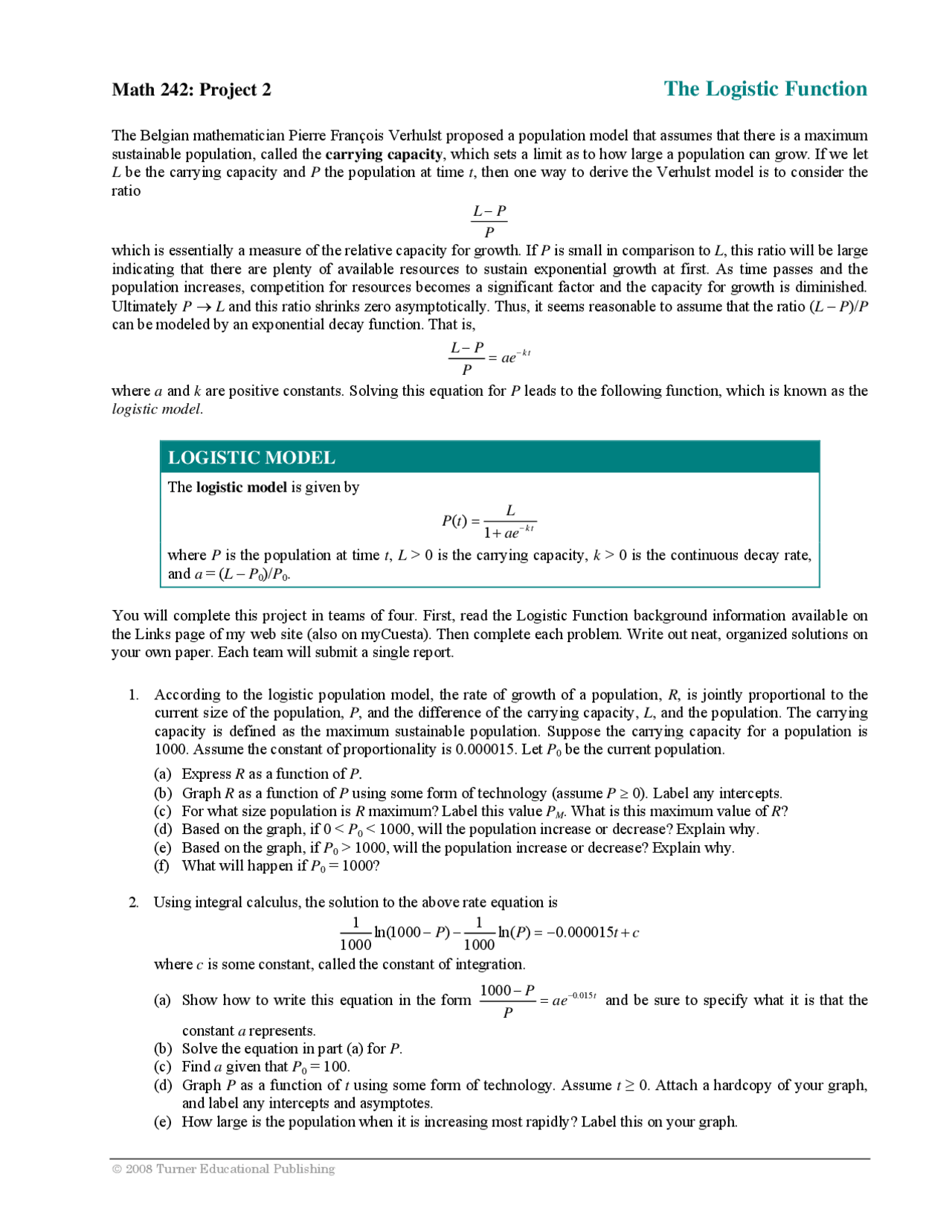 Notes on Logistic Function - Project 2 | MATH 242 - Docsity