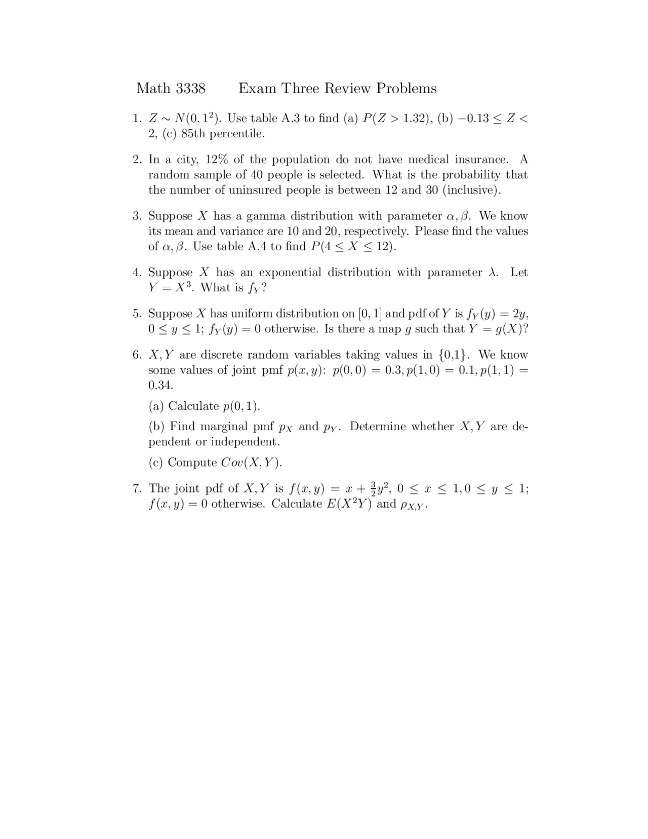 Exam Three Review Problems Probability Math 3338 Docsity