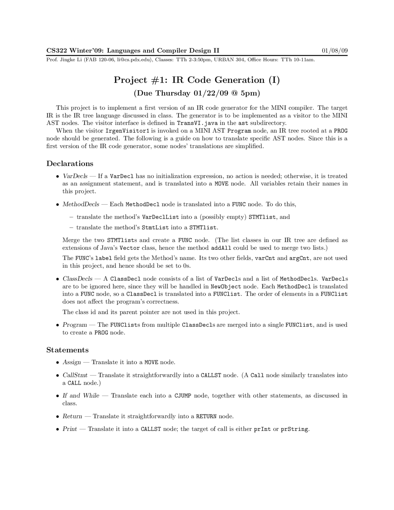IR Code Generations for Mini Compiler - Project | CS 322 - Docsity