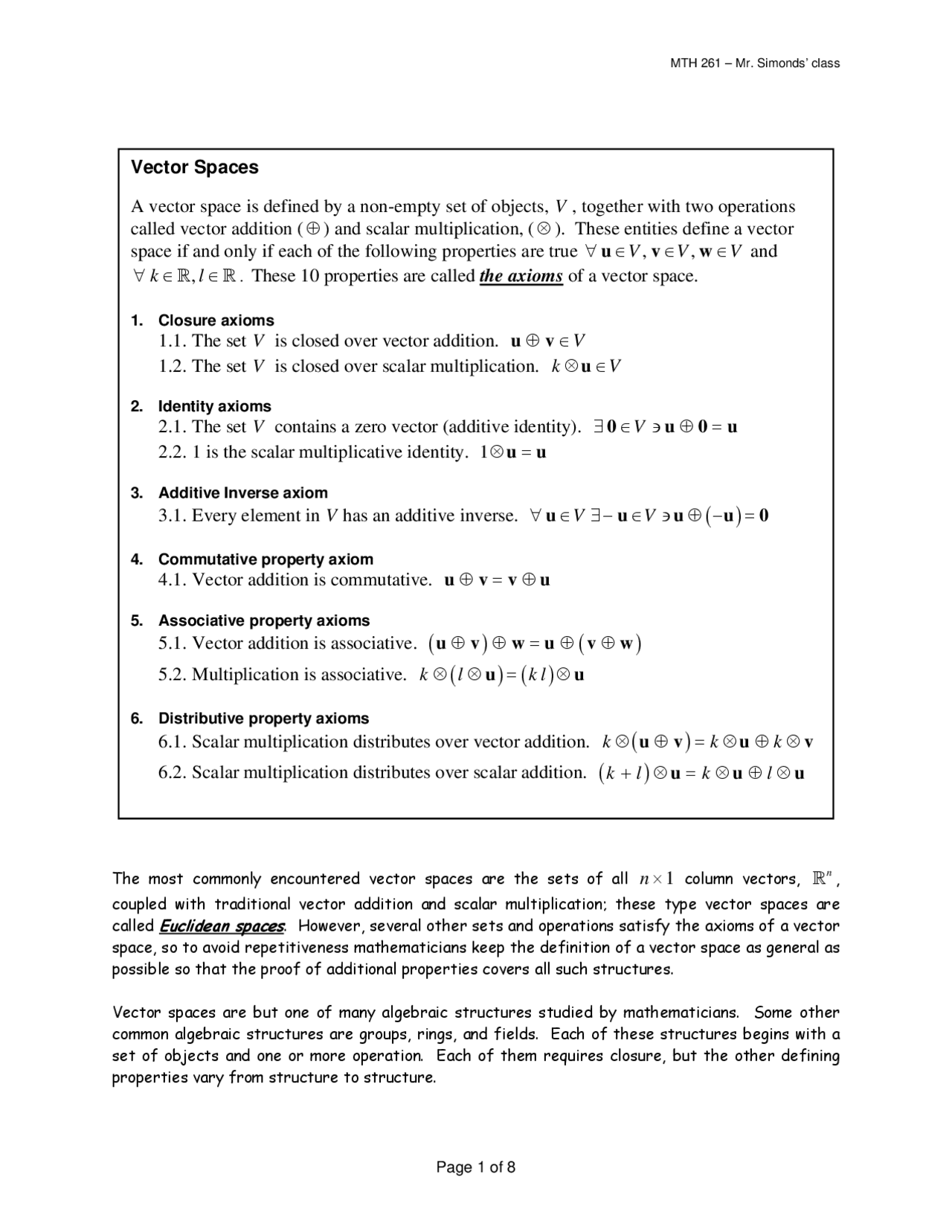 Vector Spaces - Applied Linear Algebra I - Notes | MTH 261 - Docsity