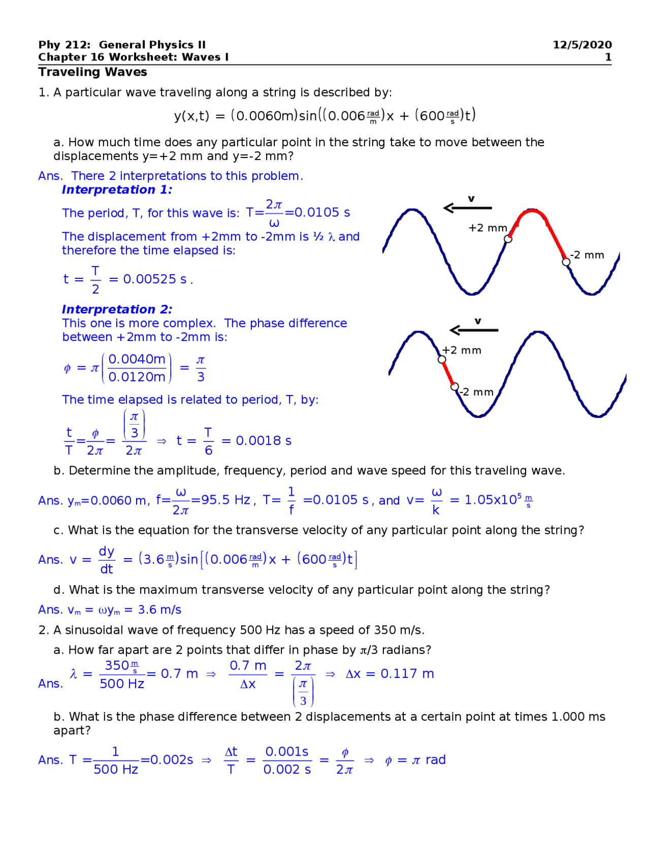 Waves I - Worksheet Questions with Answers | PHY 212 | Study notes ...