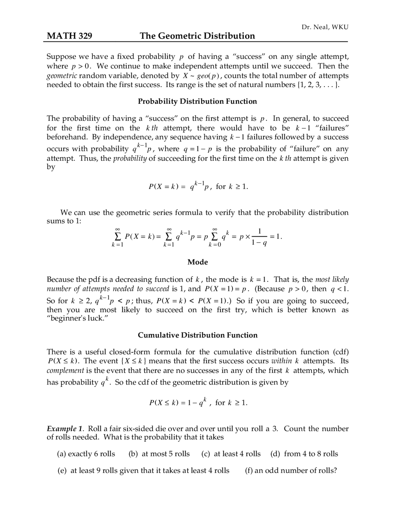 The Geometric Distribution - Lecture Notes | MATH 329 - Docsity