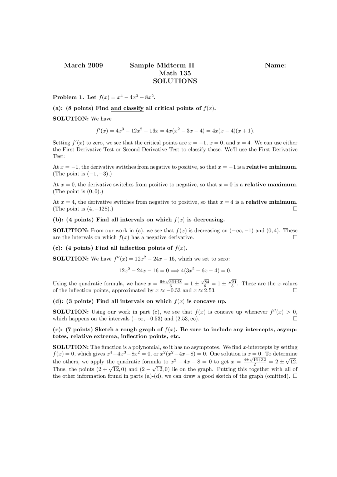 Sample Midterm Exam 2 with Solutions - Business Calculus | MATH 135 ...