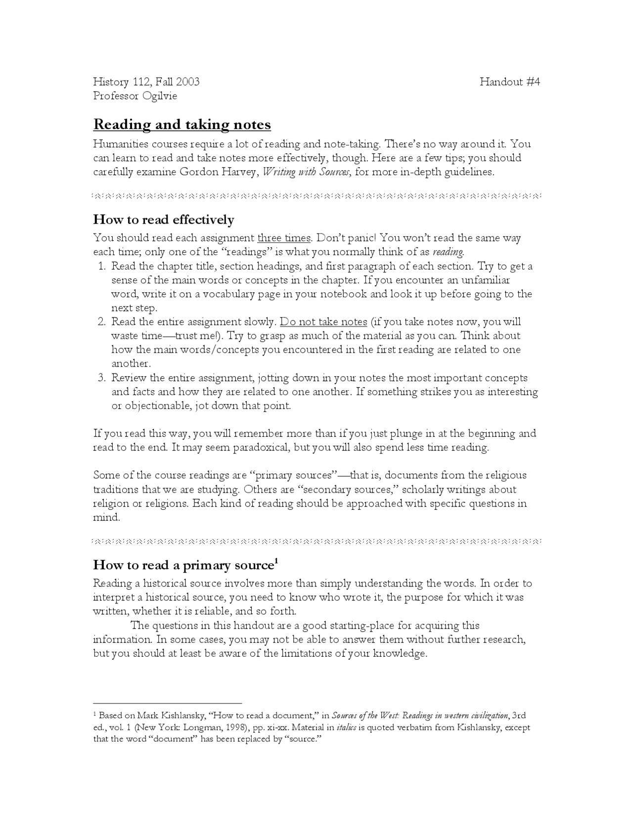 Reading and Taking Notes - Fall 2003 | HISTORY 112 - Docsity