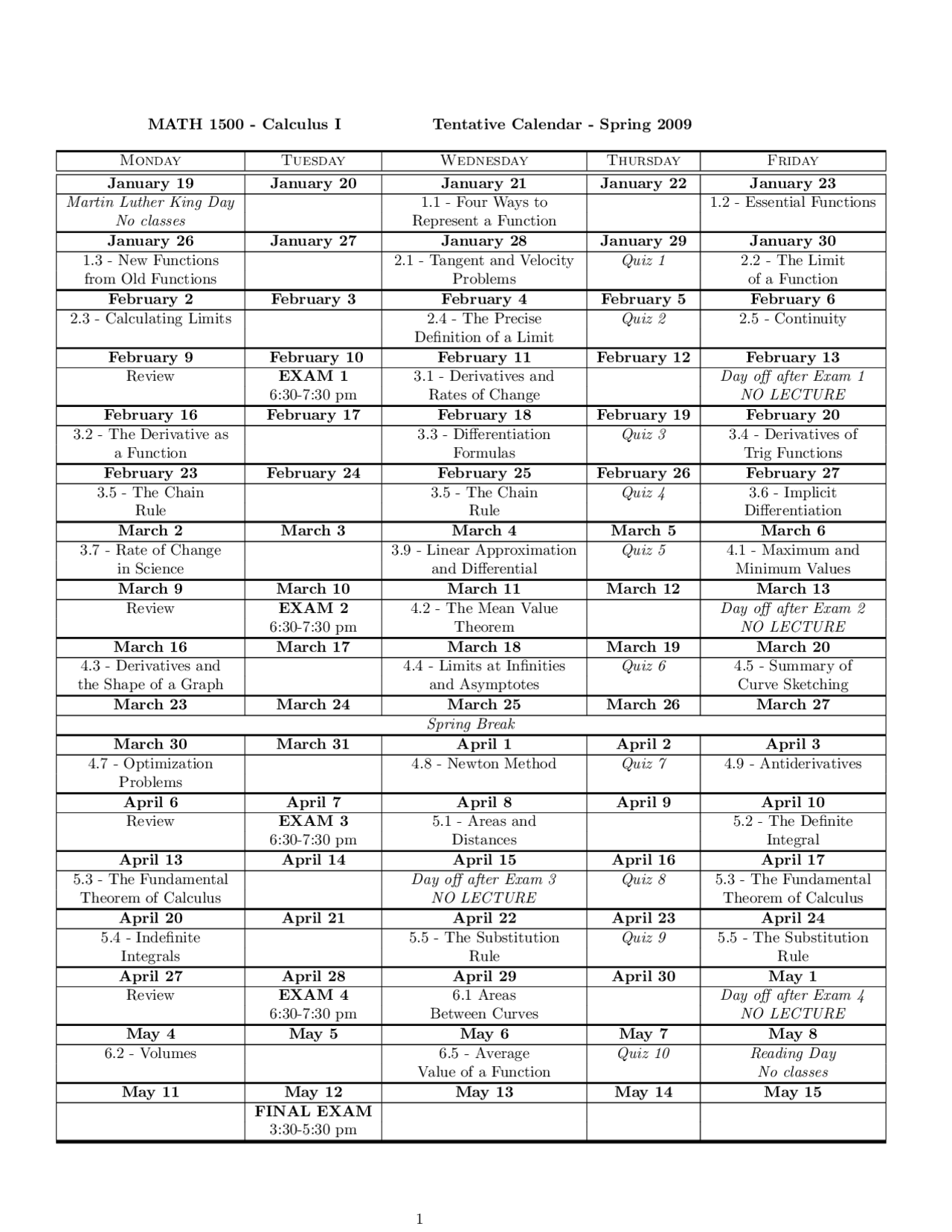 Tentative Calendar in Calculus I - Examination 3 | MATH 1500 - Docsity