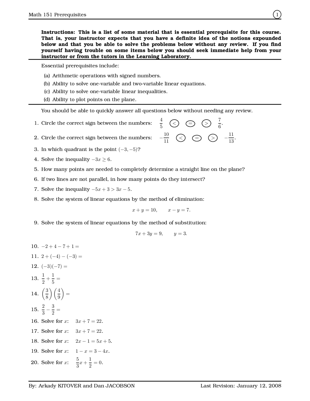 Prerequisites - Linear Mathematics | MATH 151 - Docsity