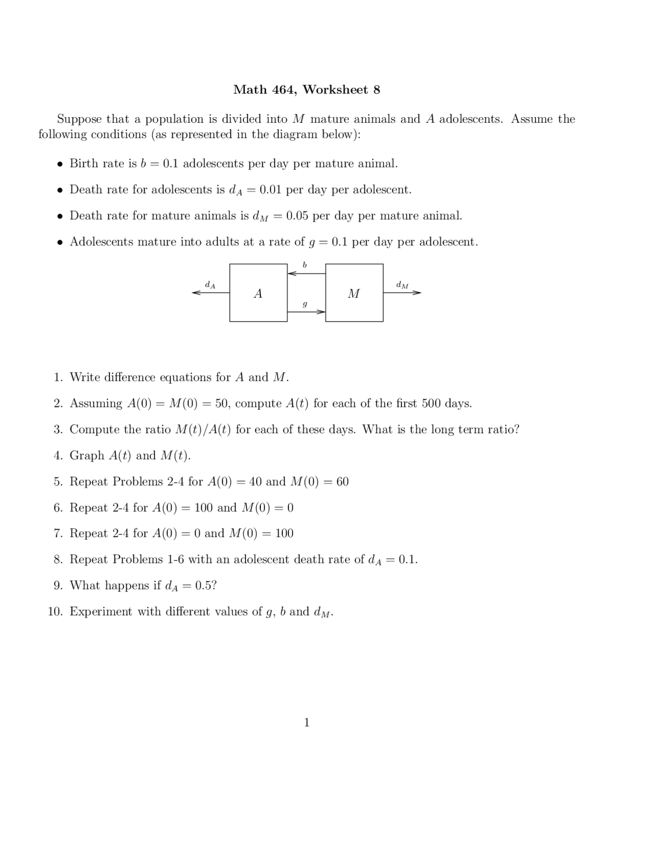 Mathematical Modeling - Worksheet 8 | MATH 464 - Docsity