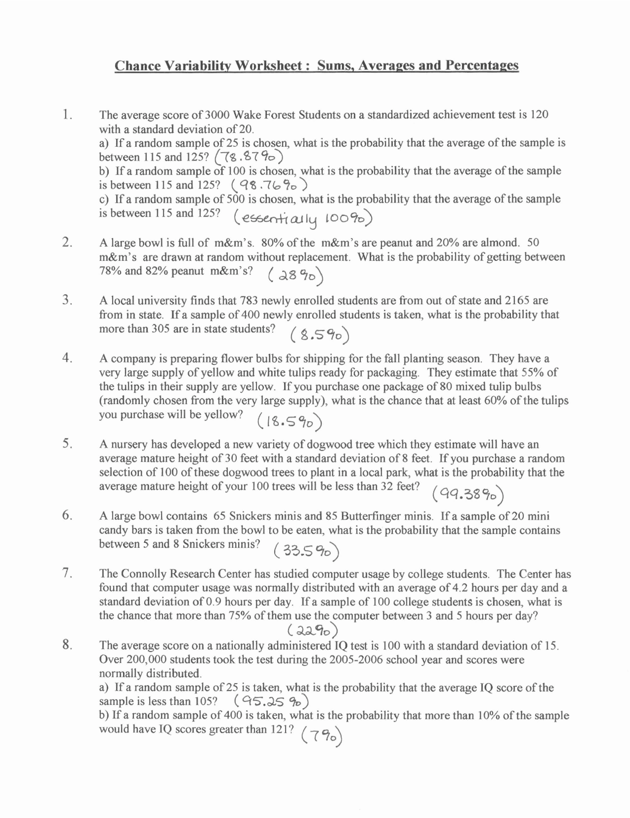 Chance Variability Worksheet – Sums, Average and Percentages | MTH 109 ...
