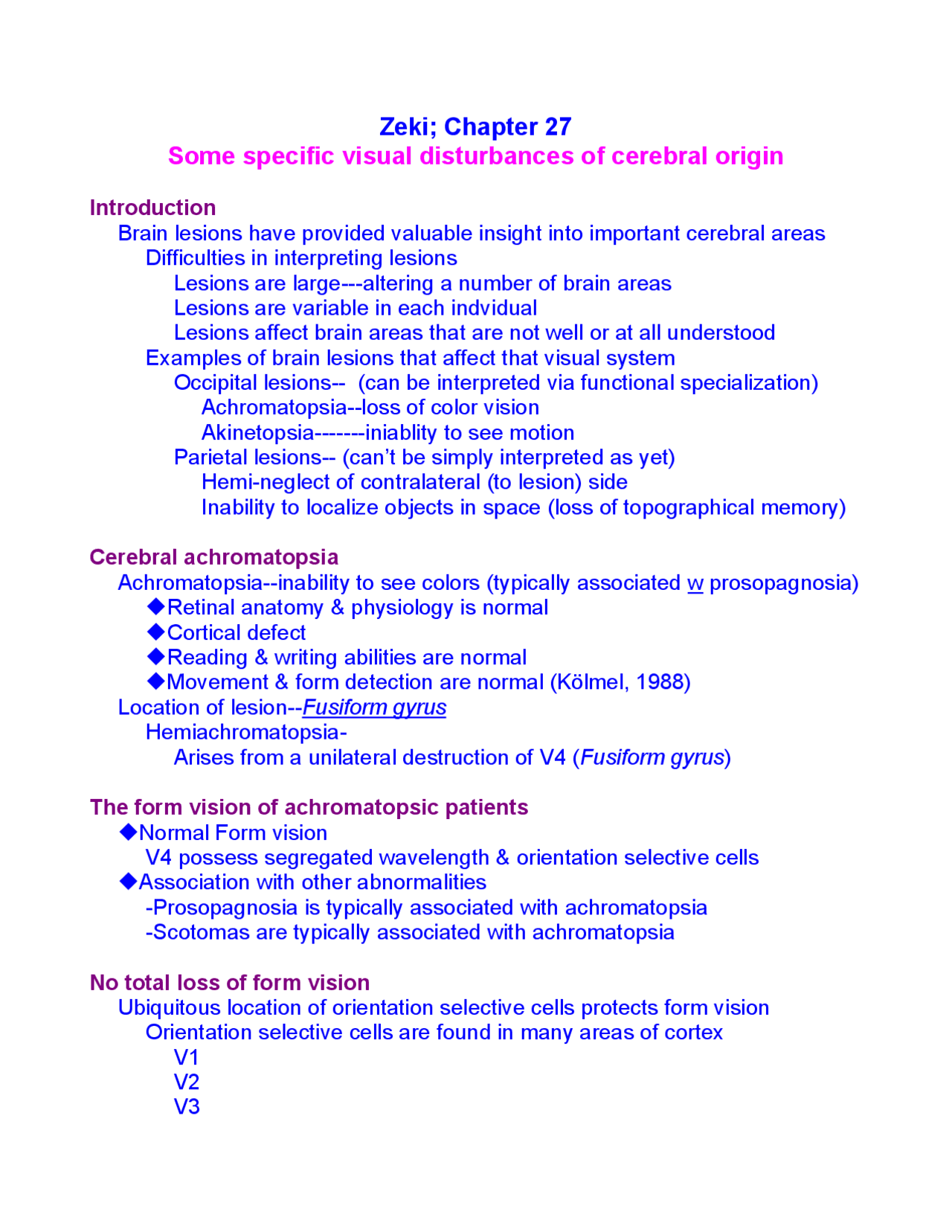 Some Specific Visual Disturbances of Visual Areas | BIOS 481 - Docsity