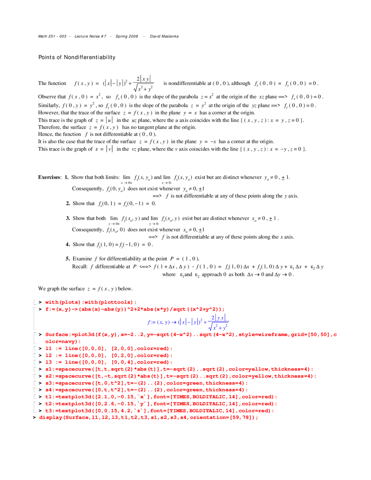 The Points of Non Differentiability Functions MATH 251 Docsity