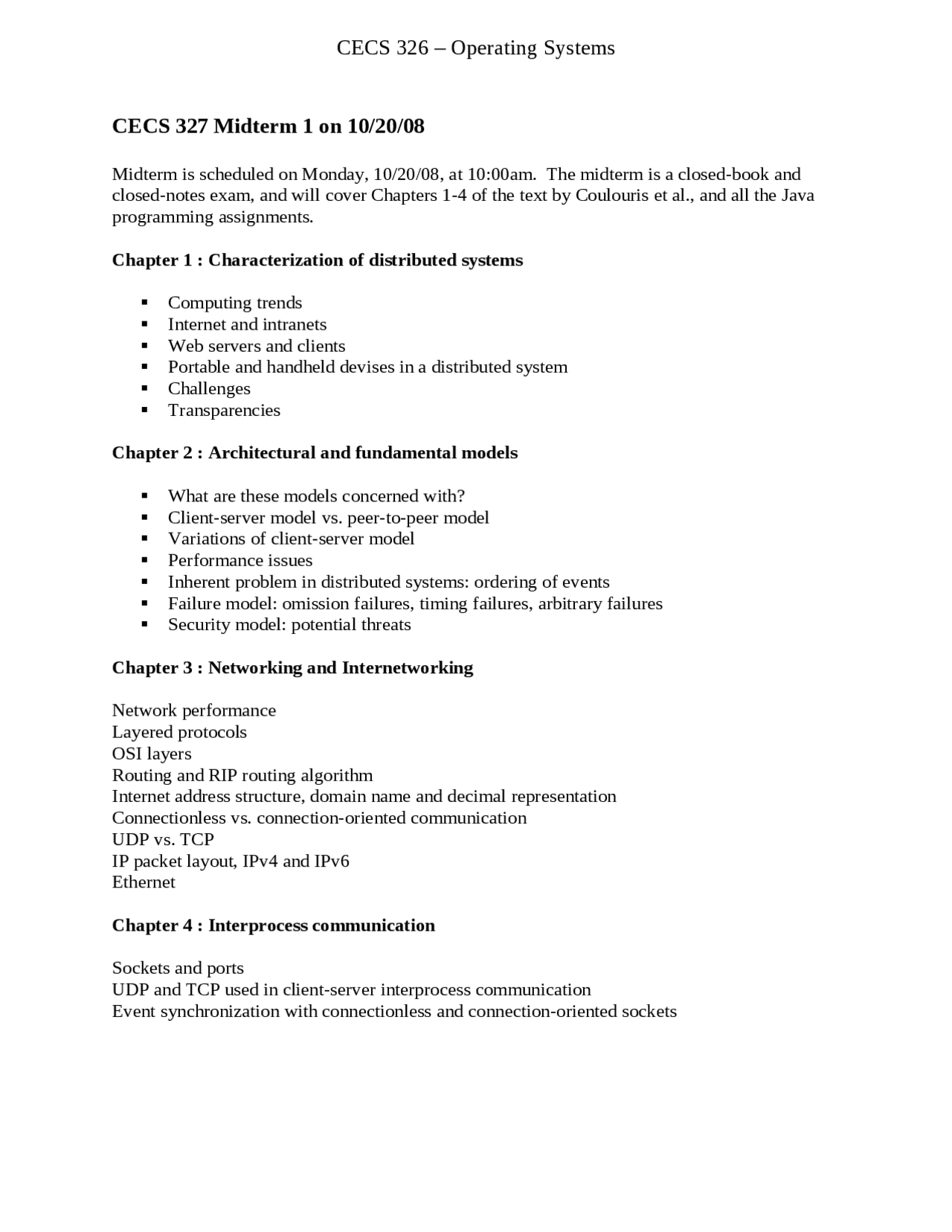 Operating Systems - Topics Outline for Midterm 1 | CECS 326 - Docsity