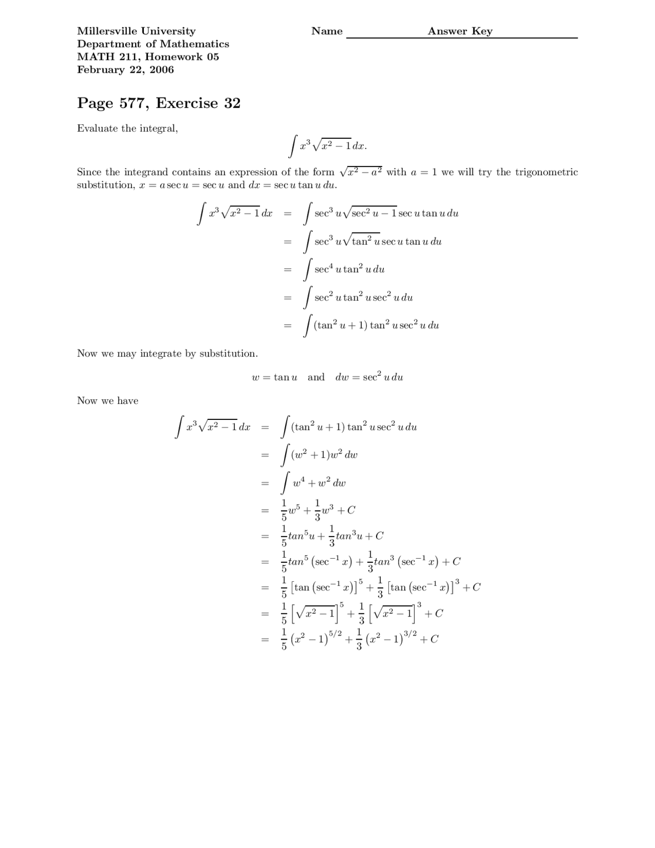 Homework 5 with Solution Key - Calculus II | MATH 211 - Docsity