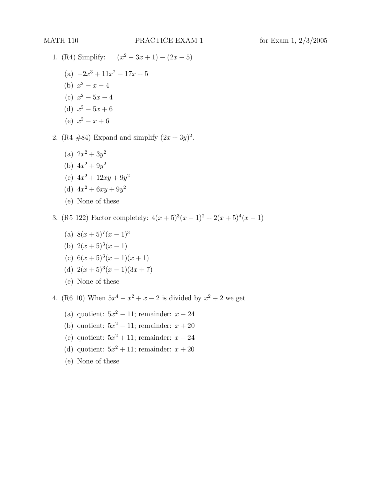 College Algebra - Practice Exam 1 | MATH 110 - Docsity