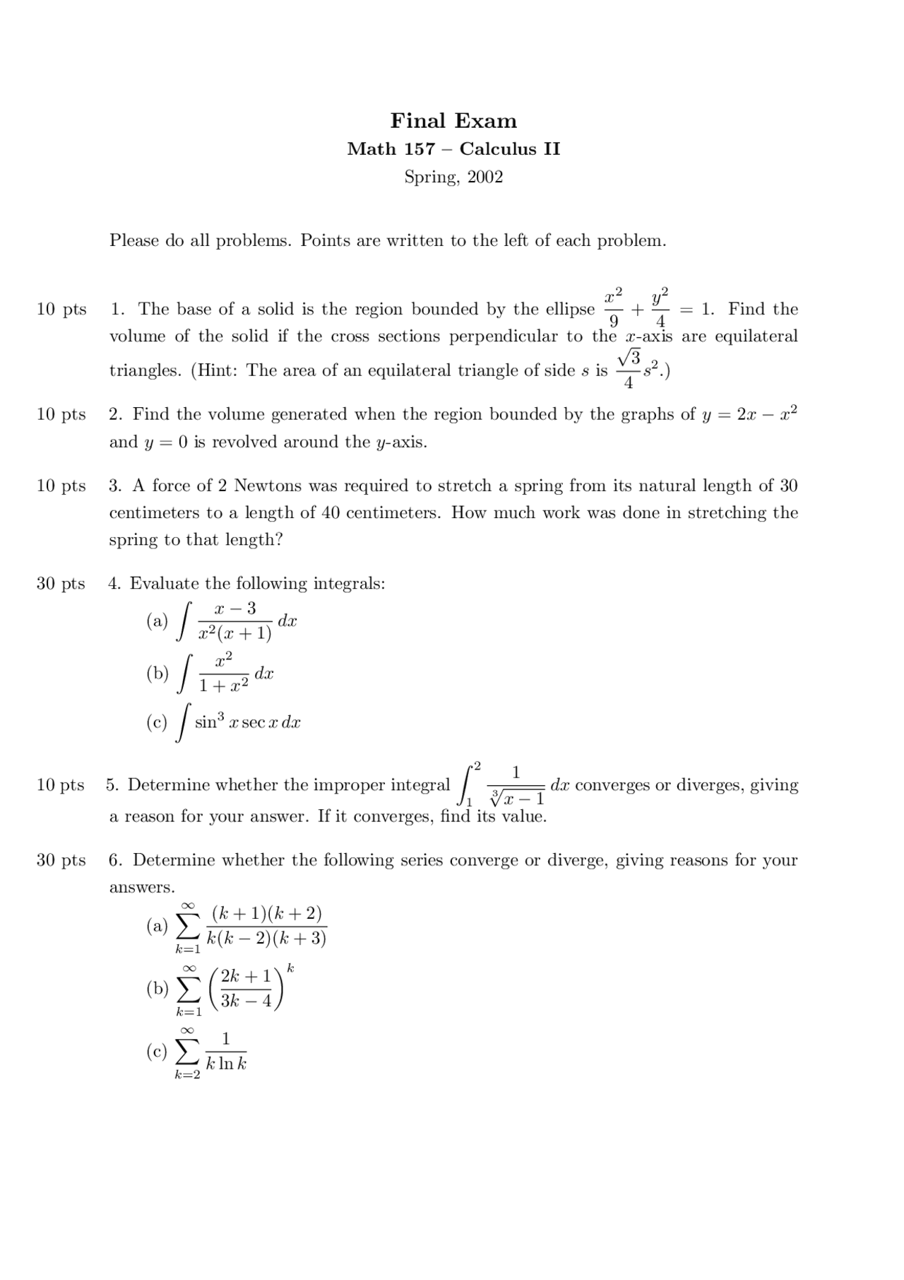 Final Exam Spring 2002 - Calculus II | MATH 157 - Docsity