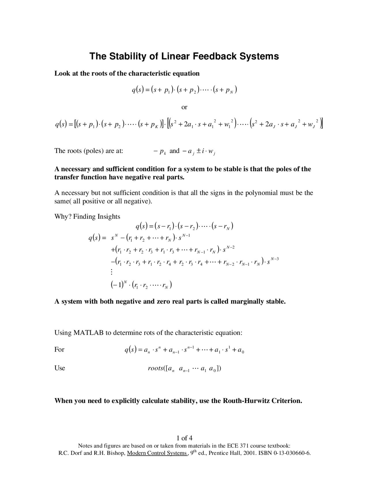 The Stability of Linear Feedback Systems - Notes | ECE 4700 - Docsity