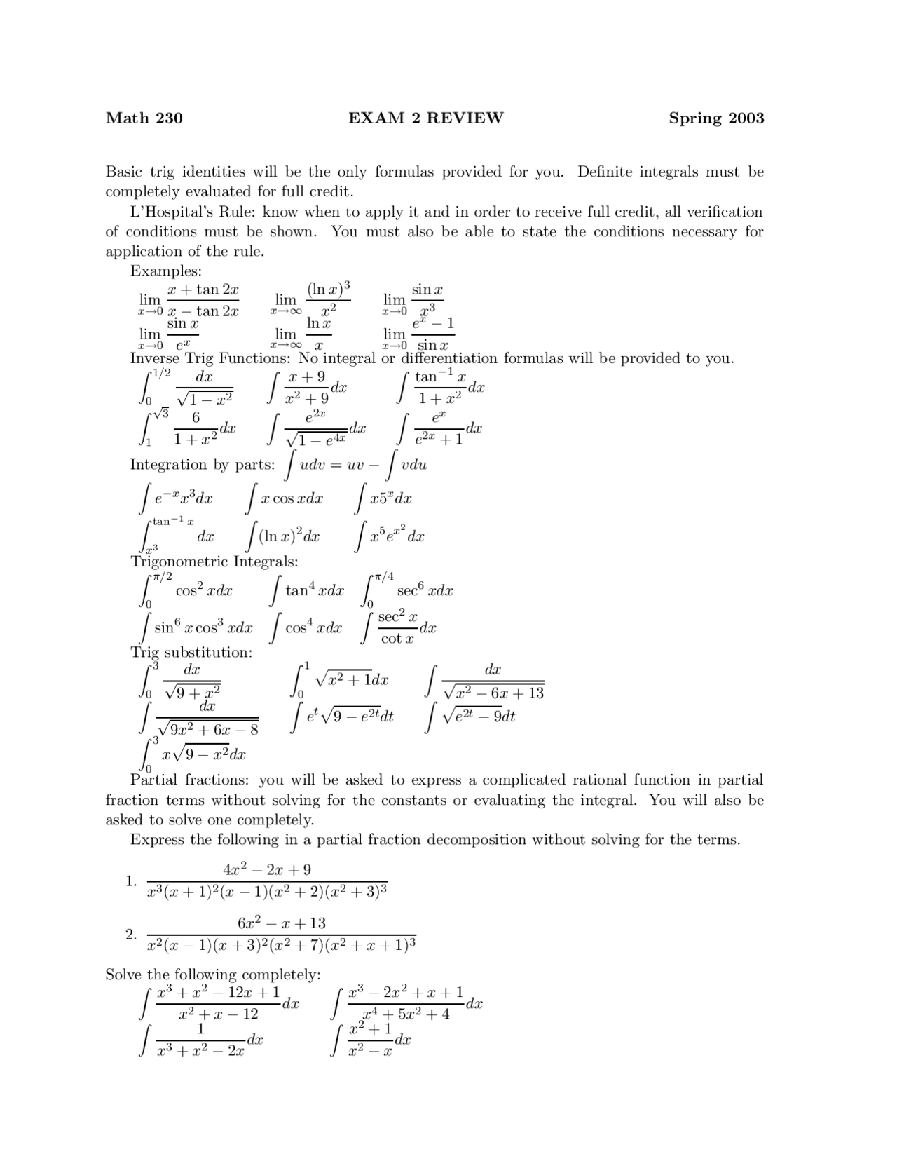 Exam 2 Review Problems - Calculus II | MATH 230 - Docsity