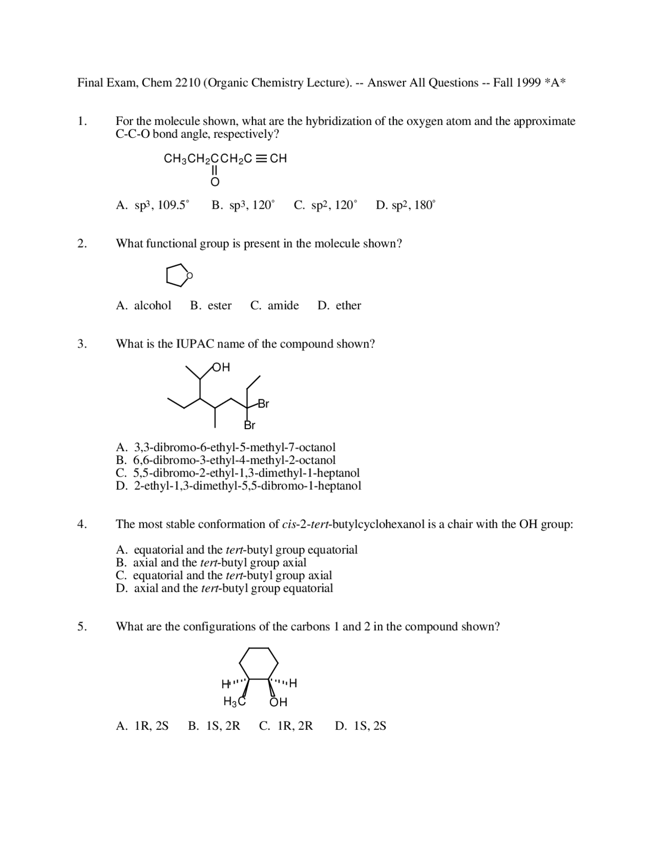 50 Questions for Final Exam - Organic Chemistry I | CHEM 2210 | Exams ...