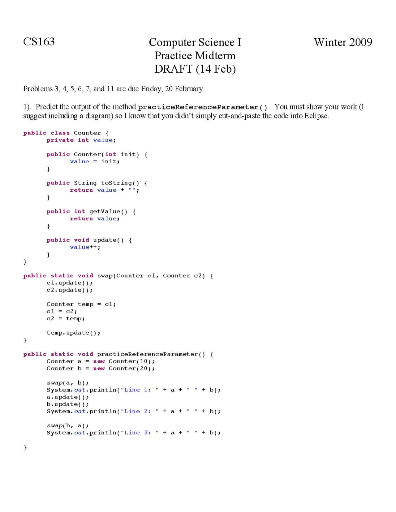 Nyu Computer Science Midterms Practice Midterm Exam - Computer Science I | CS 163 - Docsity