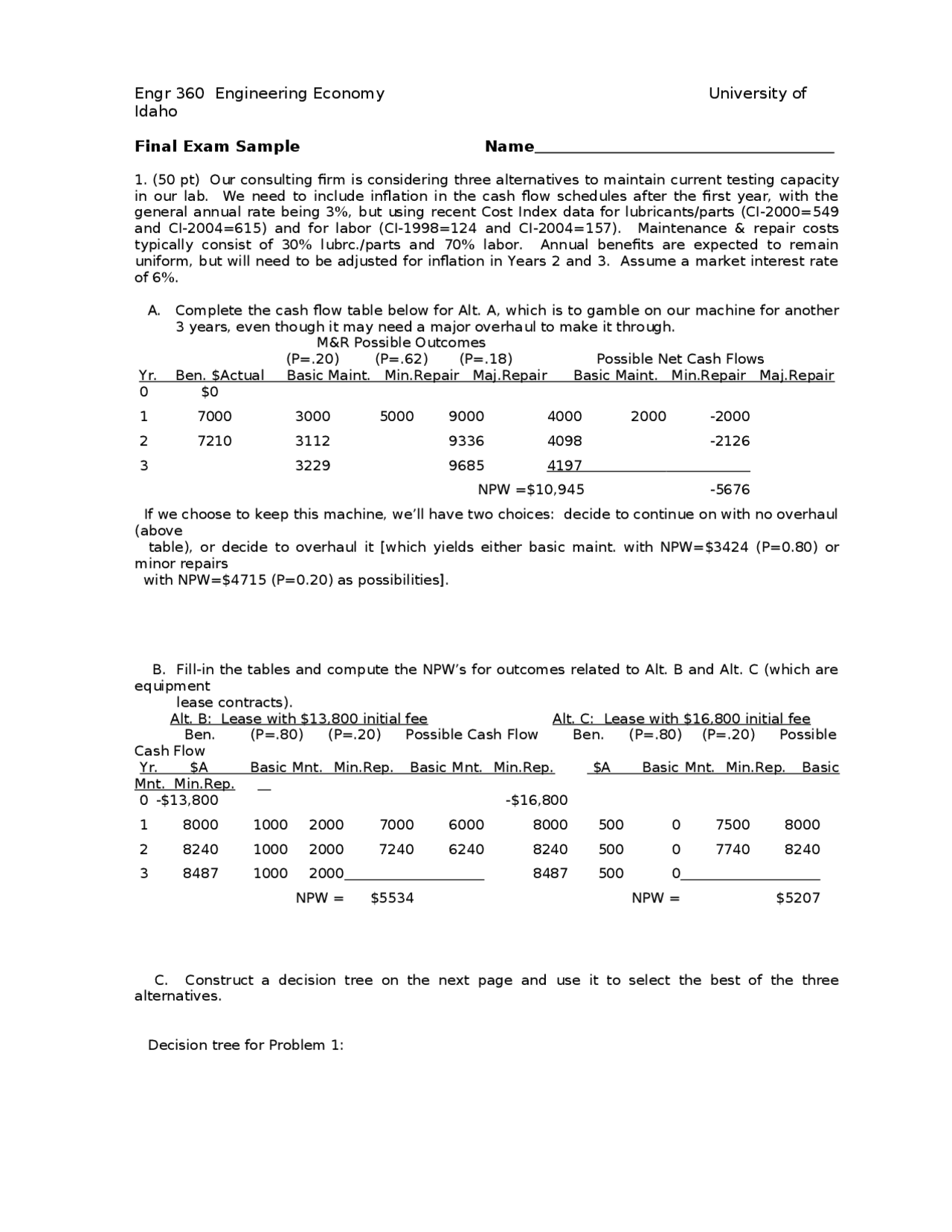 2 Sample Questions on Engineering Economy - Final Exam | ENGR 360 - Docsity